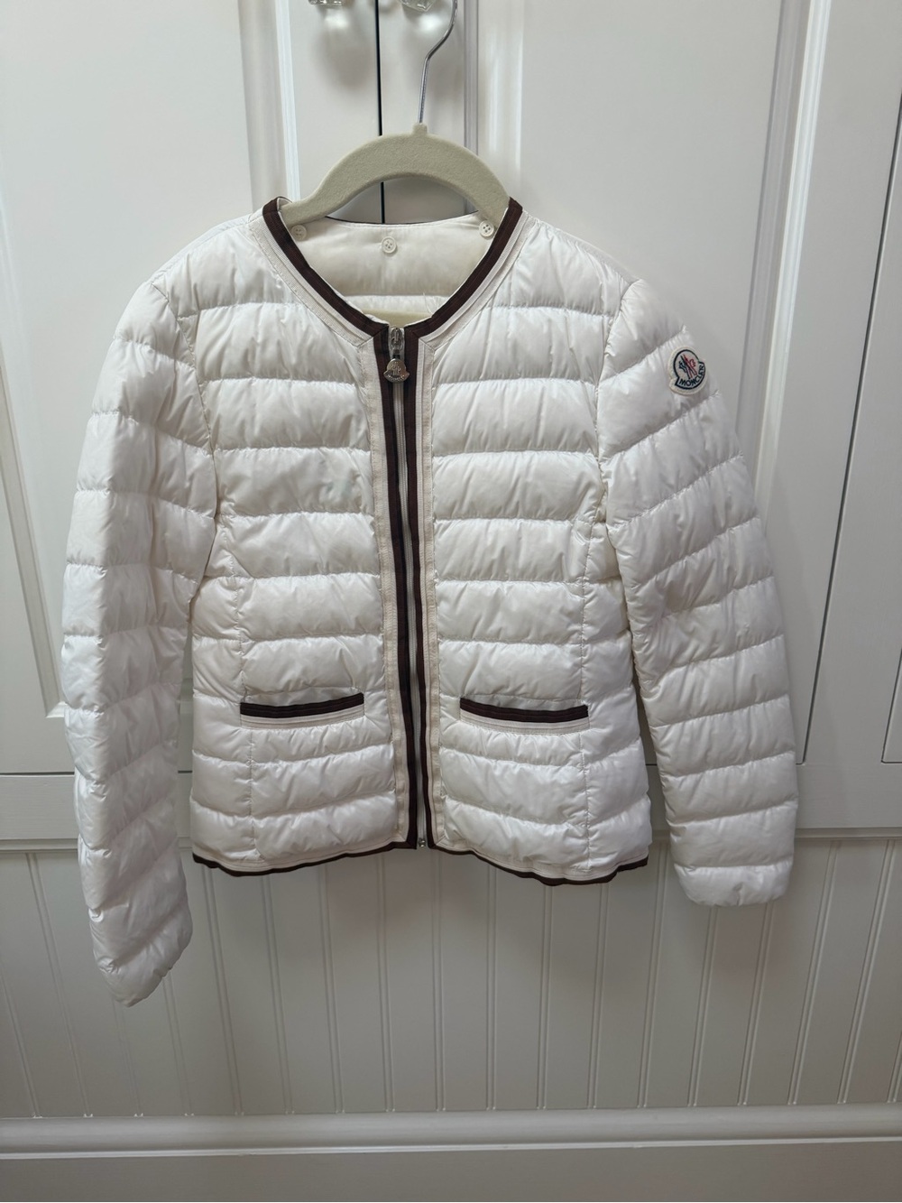 Moncler White Quilted Jacket with Brown Trim Girls NWOT
